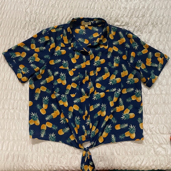 🌟Lily White 🍍Tie Front Pineapple Print Short Sleeve Button Down Shirt Size L - Picture 5 of 11